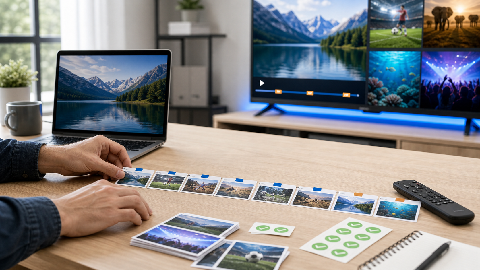 Hands arranging video cards into a simple FAST channel schedule