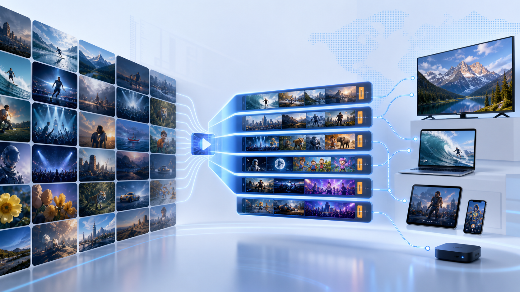 Content library tiles flowing into linear FAST channel rails and connected viewing screens